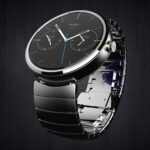 Side view of the Moto 360 (2025) smartwatch showing the crown and button at 2 o'clock and 4 o'clock, highlighting its stainless steel design.