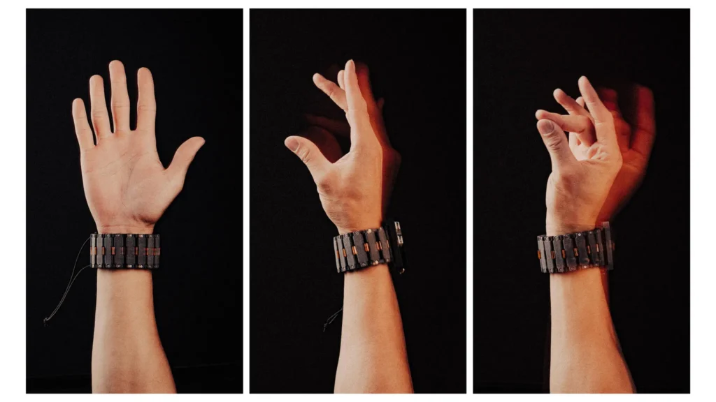 Meta’s wearable sEMG wristband on a user's wrist enabling gesture-based computer control without touchscreens or keyboards