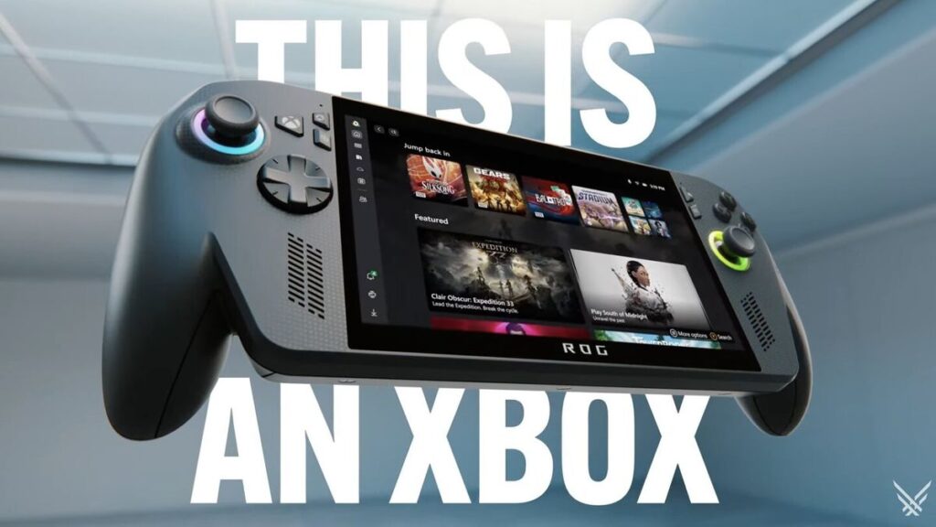 Image of the Xbox ROG Ally handheld console showcasing its sleek design and portable features.