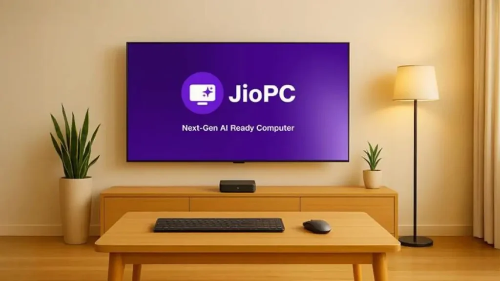 JioPC setup with a monitor, keyboard, and Jio set-top box providing a cloud-based desktop experience