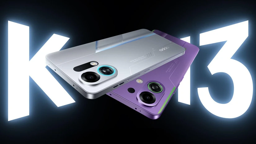 OPPO K13 Turbo smartphone featuring a sleek, racing-inspired design with dynamic Mist Shadow LED lights.