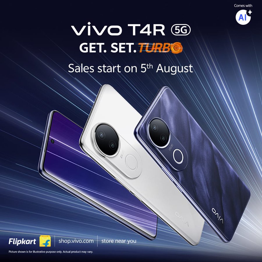 Vivo T4R 5G smartphone in Arctic White and Twilight Blue colors with quad-curved AMOLED display