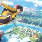 Free Fire Max in-game character standing in a dynamic battle pose with exclusive outfit and weapon skin