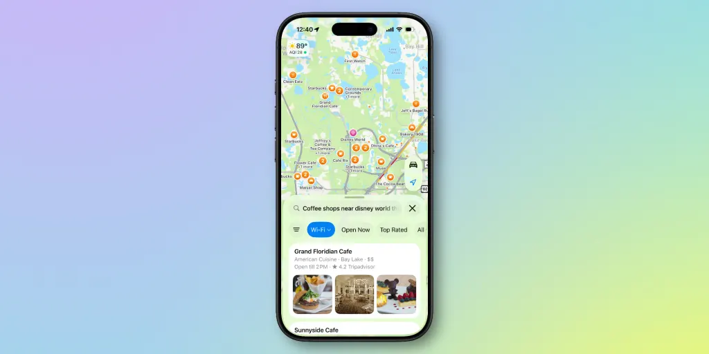 iPhone running iOS 26 displaying Apple Intelligence features with natural language search in Apple Maps